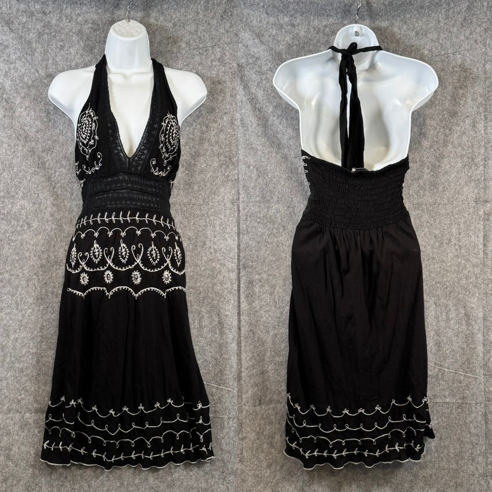 Uluwatu Embroidered Halter Dress Womens Medium Black Crochet Boho Resortwear